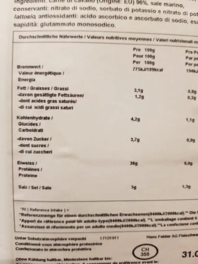 Viande de cheval fumée au poivre nutrition facts table