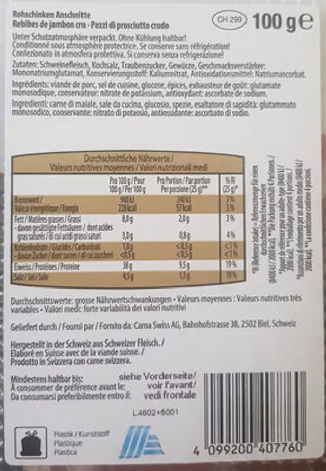 Rebibes de jambons crus ingredients label