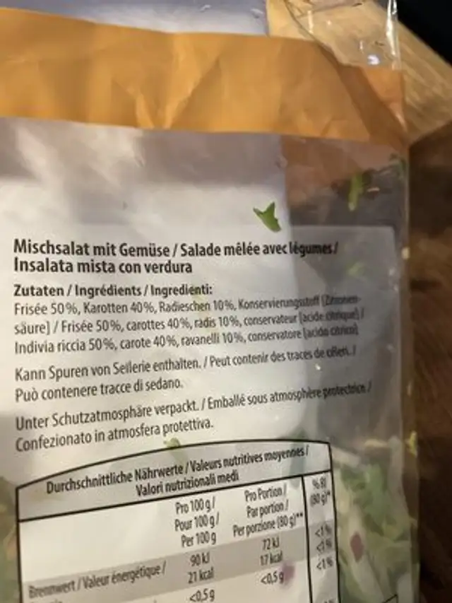 Salade jardinière ingredients label