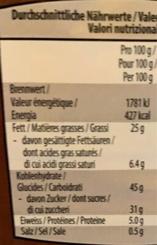Cake au chocolat nutrition facts table