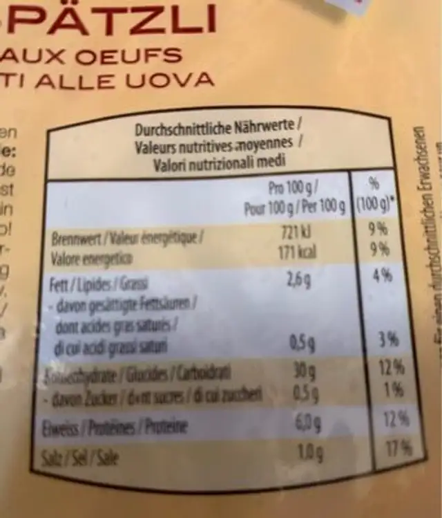 Eierspatzli nutrition facts table