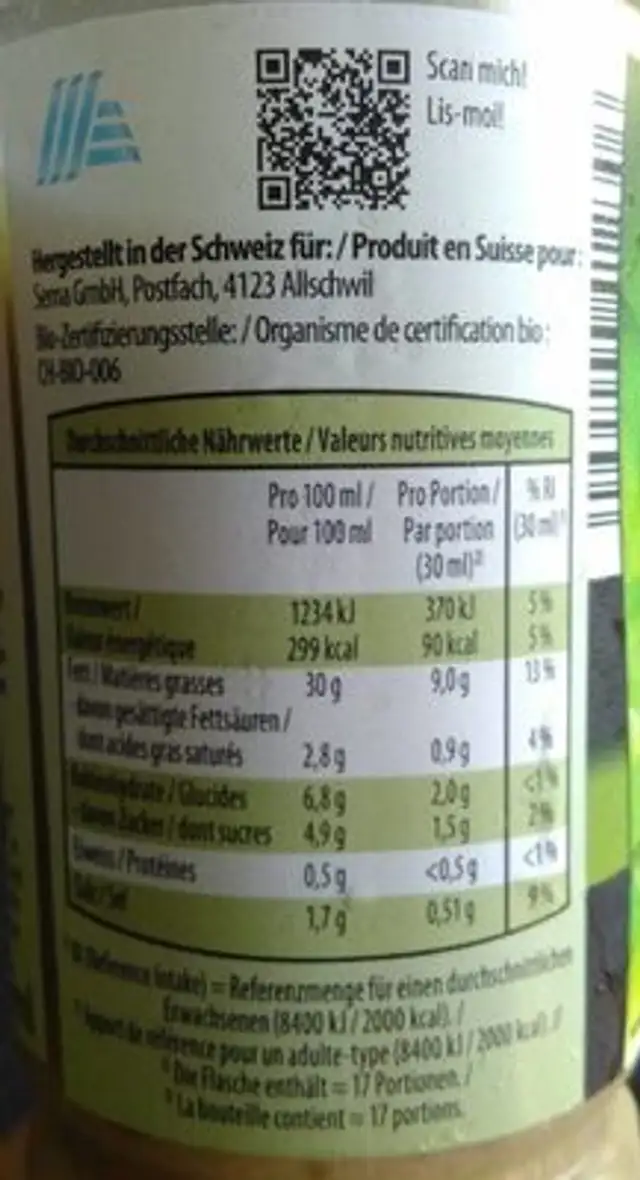 Vinaigrette bio nutrition facts table