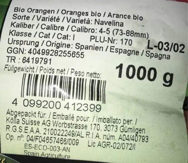 Oranges BIO nutrition facts table