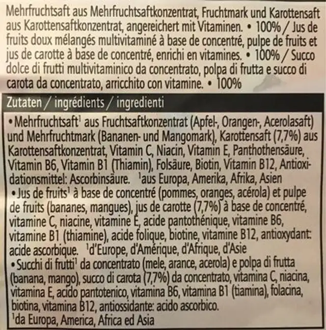 Milder Multivitamin ingredients label