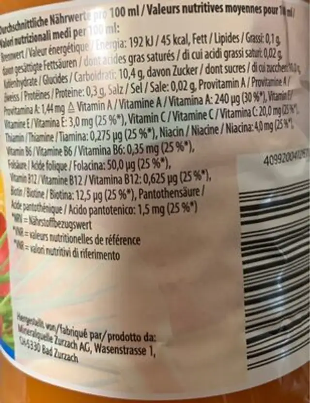 Milder Multivitamin nutrition facts table