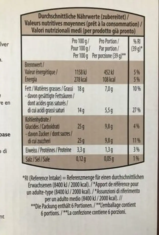 Glace au chocolat nutrition facts table