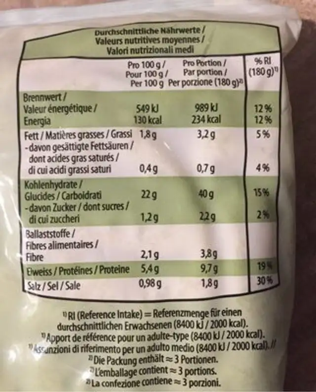 Spätzli aux légumes bio nutrition facts table