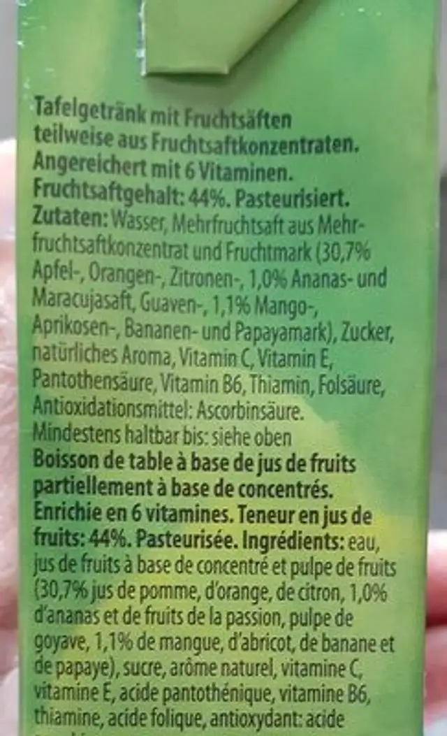 Tropical Drink ingredients label