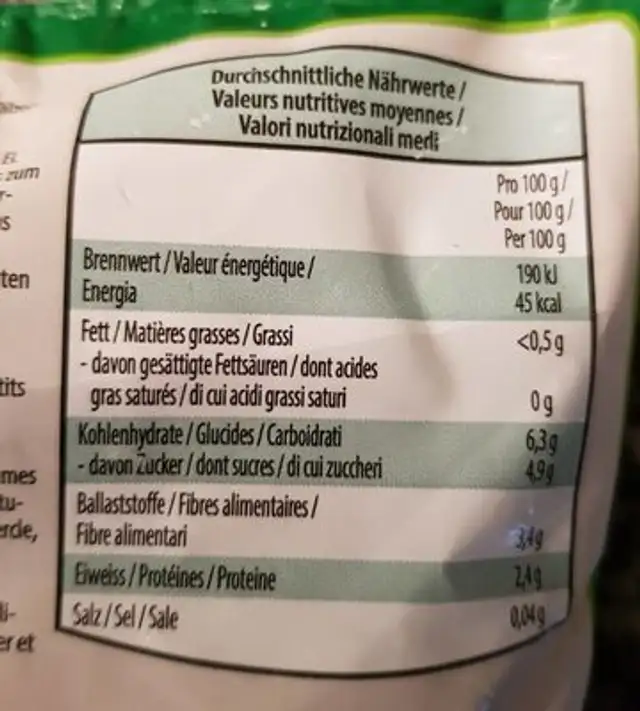 Jardinière de légumes nutrition facts table