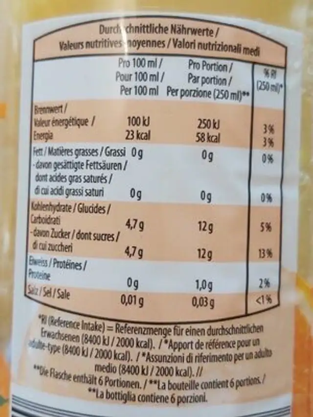 Nectar d'orange nutrition facts table