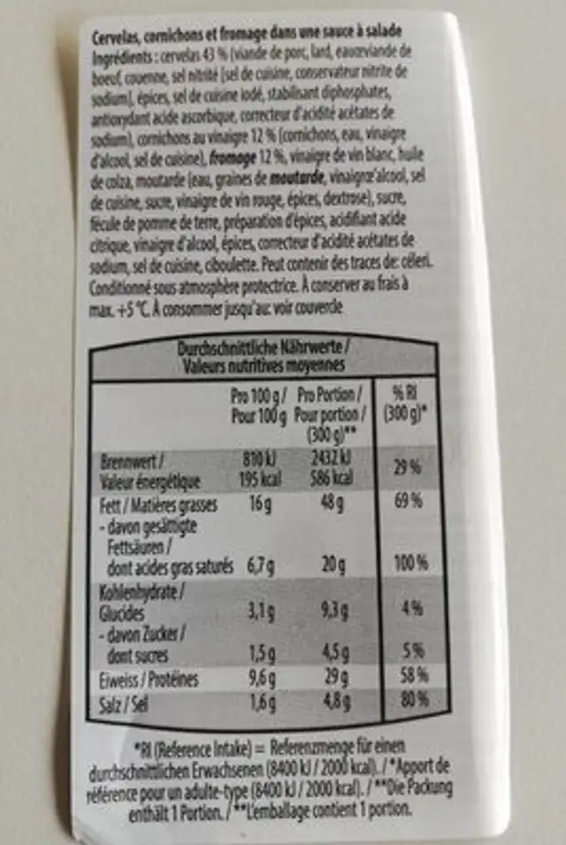 Cervelat Käse Salat nutrition facts table