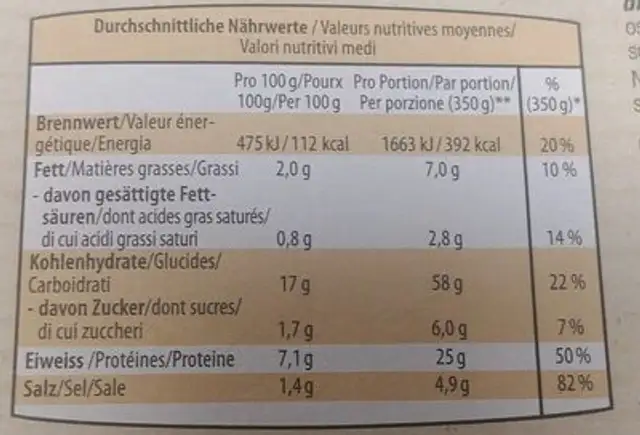 Riz Casimir nutrition facts table