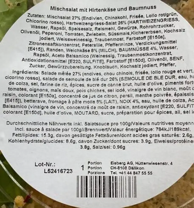 Power Salat nutrition facts table