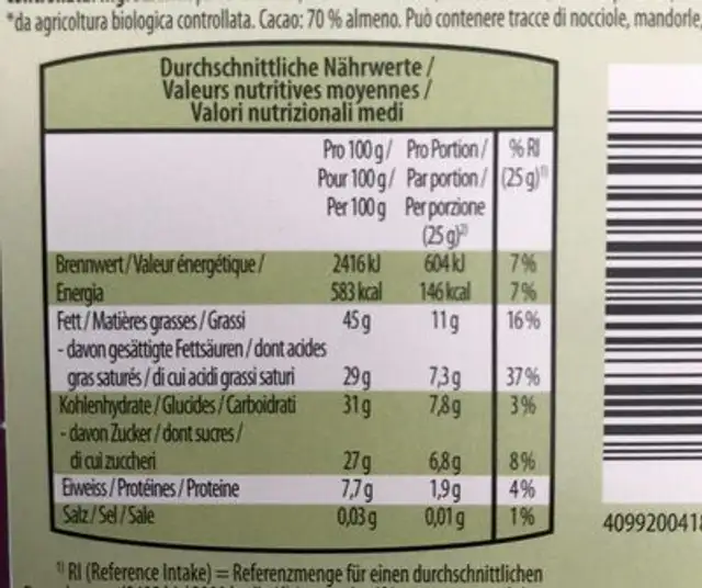 Chocolat bio - noir nutrition facts table