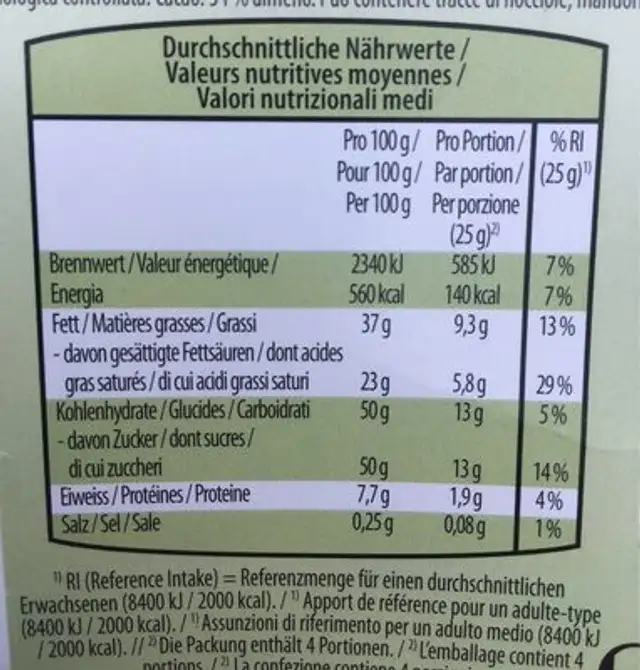 Chocolat bio nutrition facts table