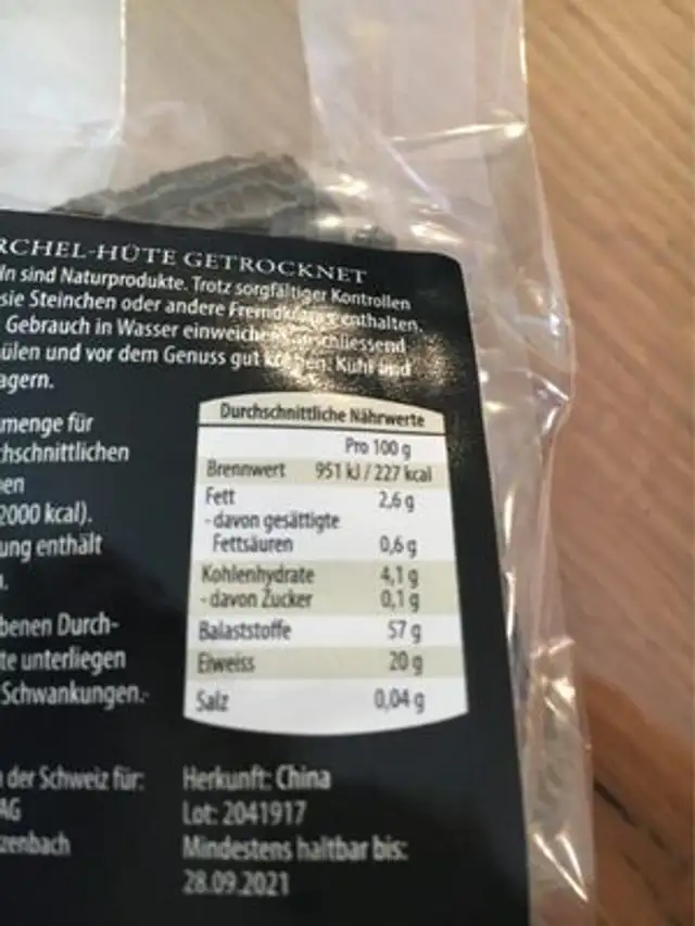 Morilles séchées nutrition facts table