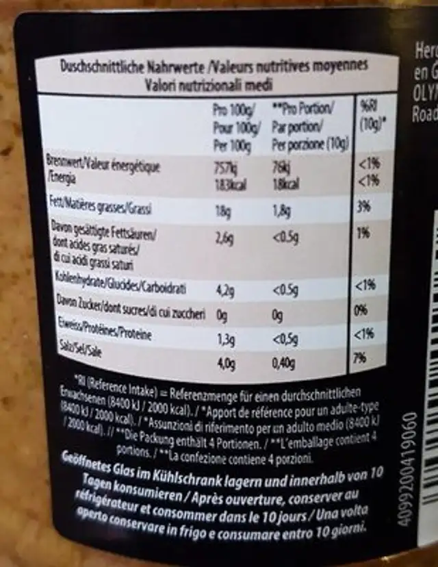 Pâte d'olives vertes nutrition facts table
