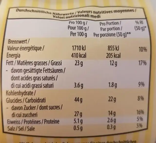 Cake à la vanille nutrition facts table