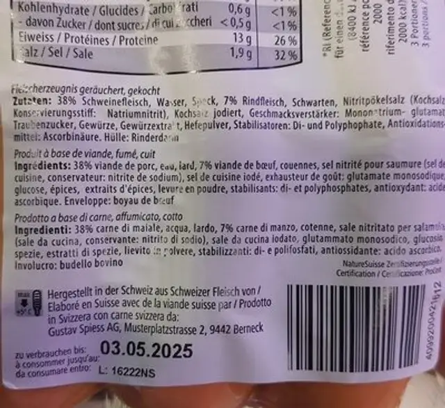 Cervelas ingredients label