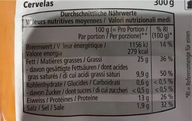 Cervelas nutrition facts table