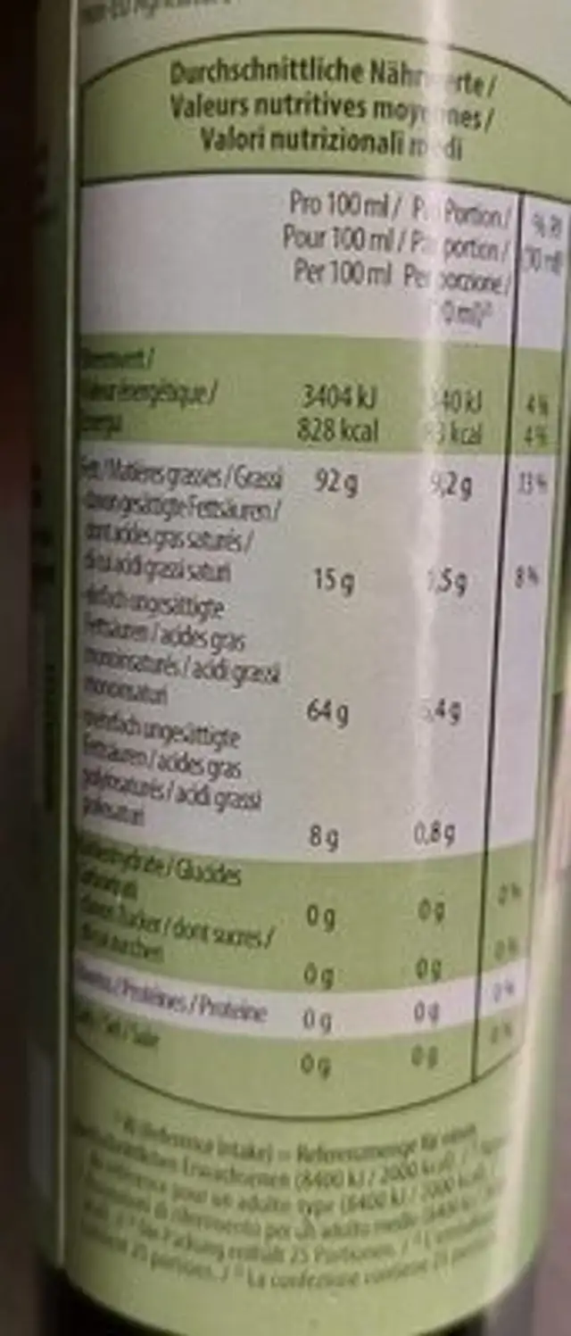 Bio Avocado Öl nutrition facts table