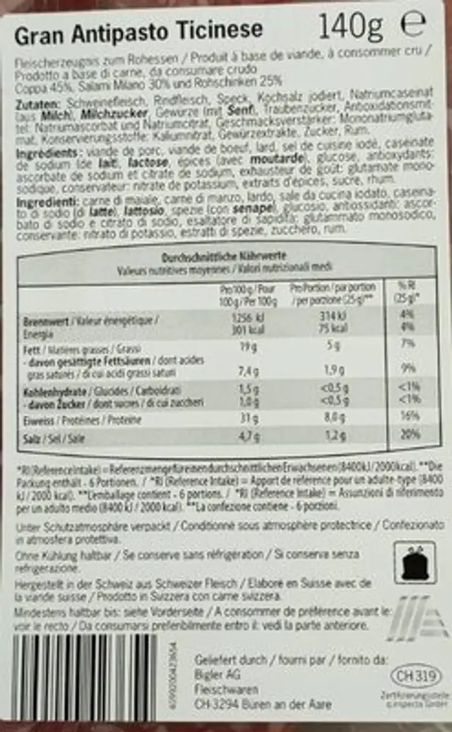 Gran antipasto Ticinese nutrition facts table