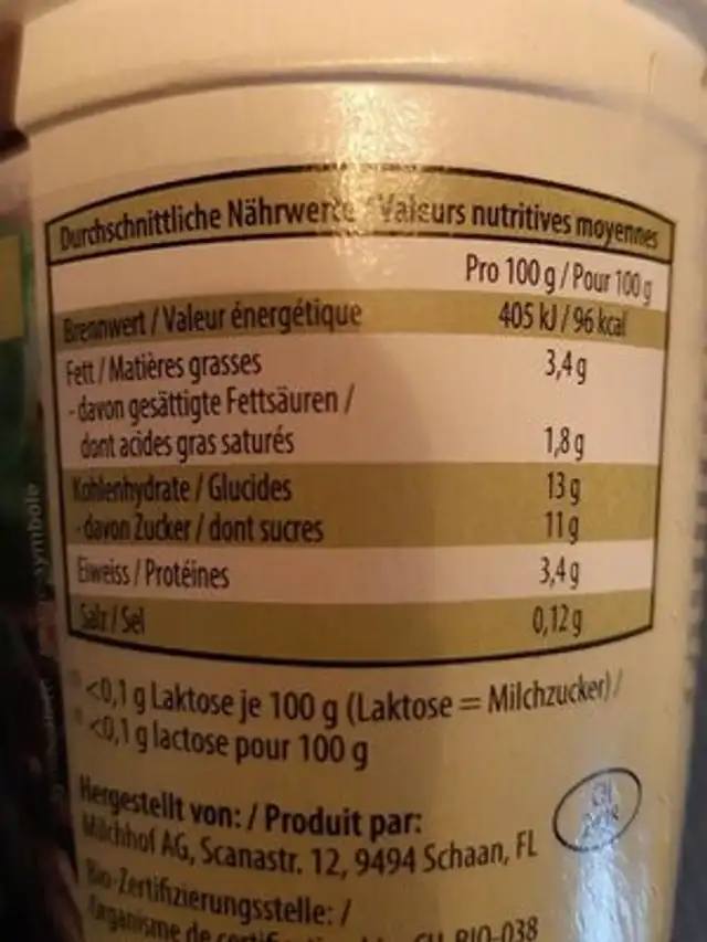 Yogurt bio mocca nutrition facts table