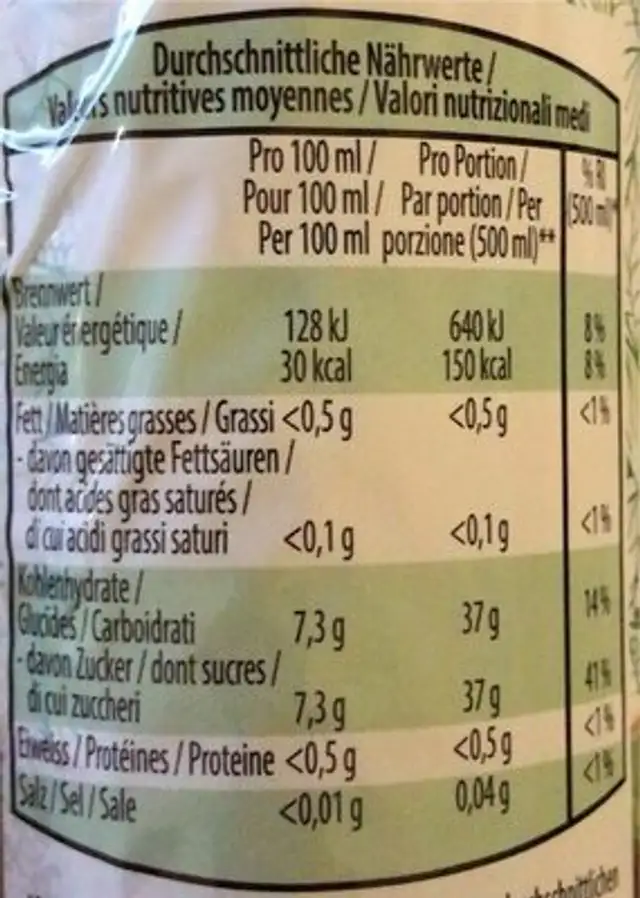 Ice Tea Aldi nutrition facts table