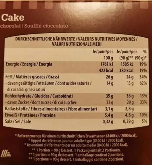 Lava cake nutrition facts table