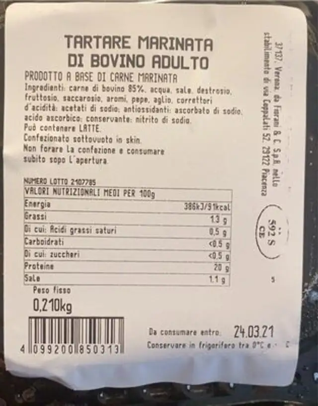 Tartare bovino nutrition facts table