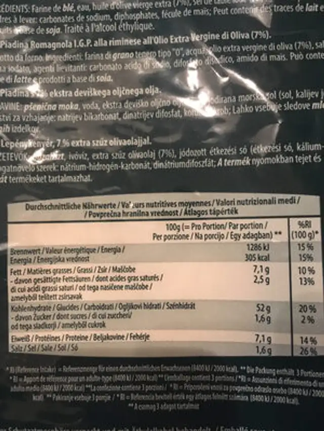 Piadina Romagnola I.G.P. alla Riminese nutrition facts table