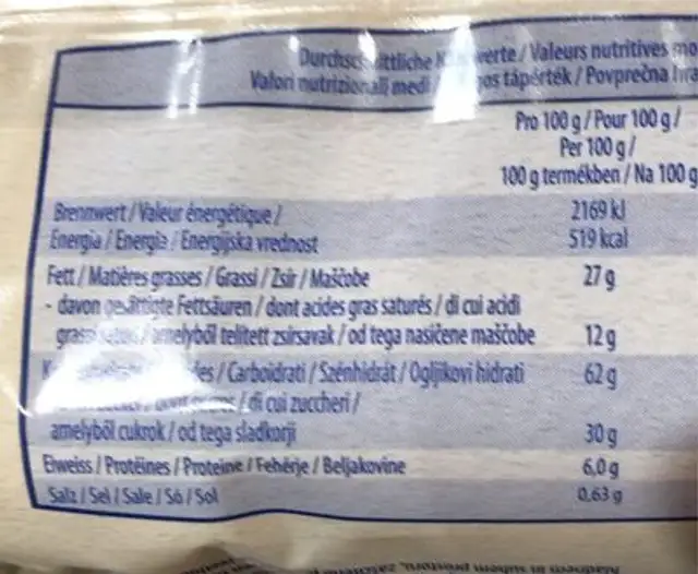 Sfogliatine nutrition facts table