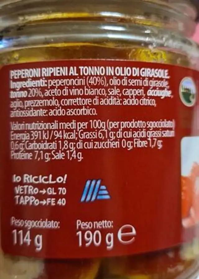Peperoncini con tonno nutrition facts table