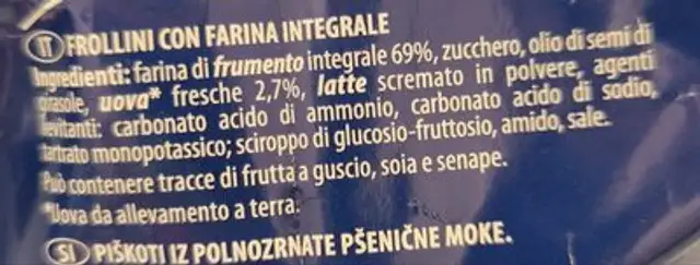 Frollini integrali ingredients label