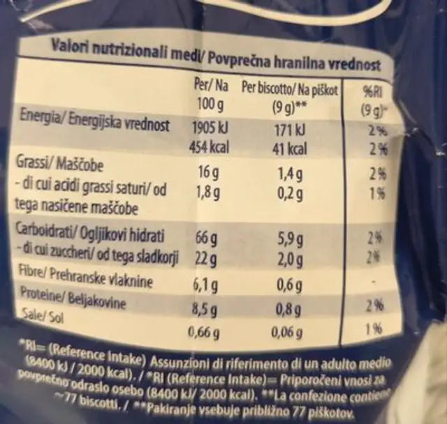 Frollini integrali nutrition facts table