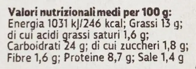 Spuntino nutrition facts table