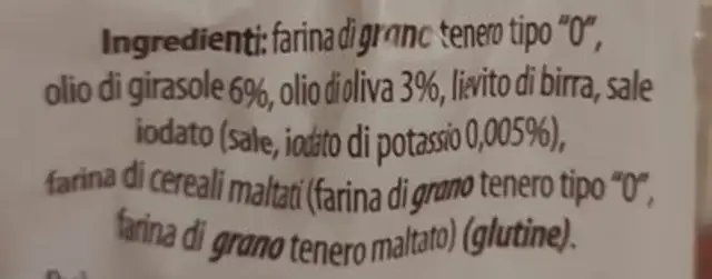 Ciambelline di pane ingredients label