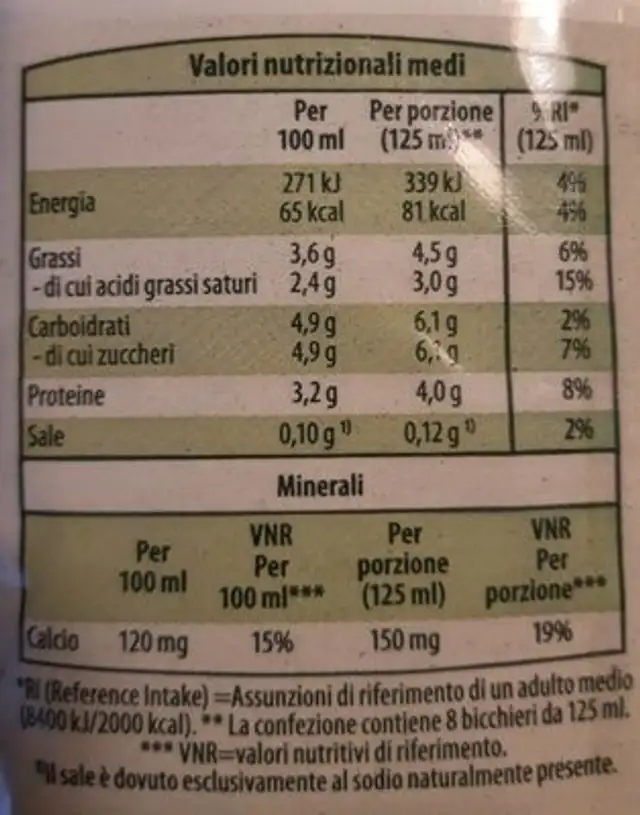 Latte intero Bio Natura felice centrale latte Brescia nutrition facts table