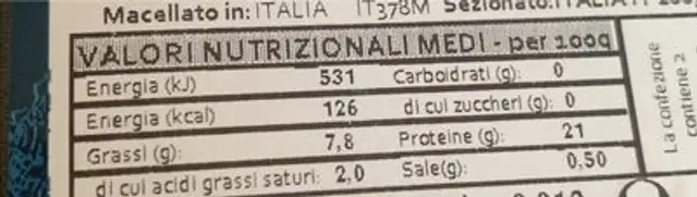 Hamburgher 2x125g di Scortoma Chianina nutrition facts table