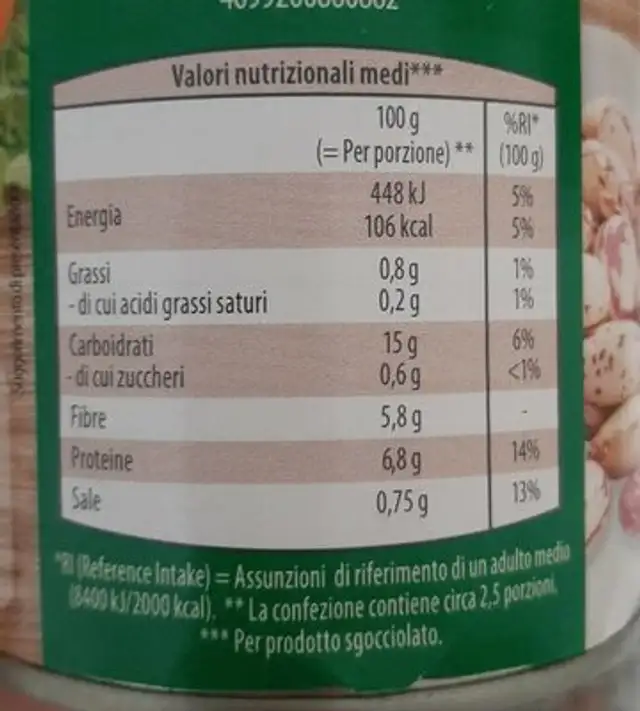 Fagioli borlotti lessati nutrition facts table