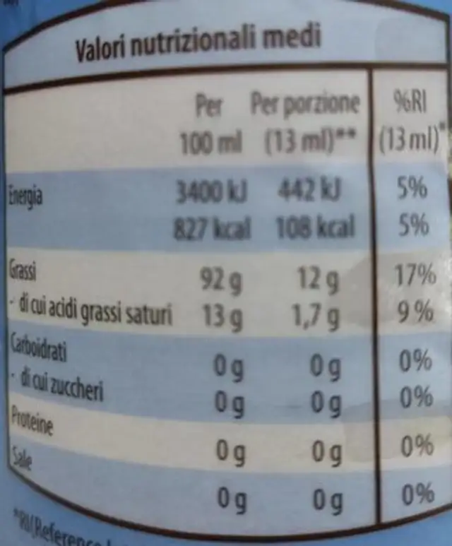 Olio di semi vari nutrition facts table