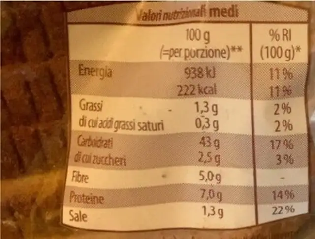 Pane di segale nutrition facts table