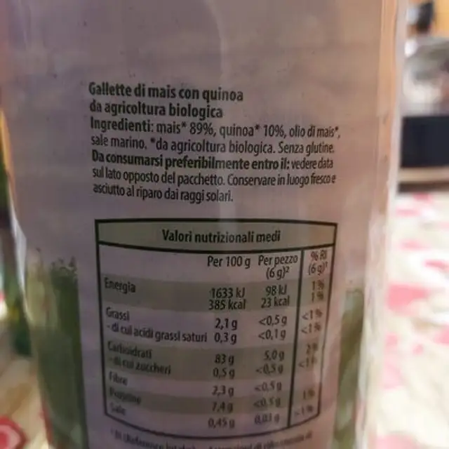 Bio gallette di mais con quinoa ingredients label