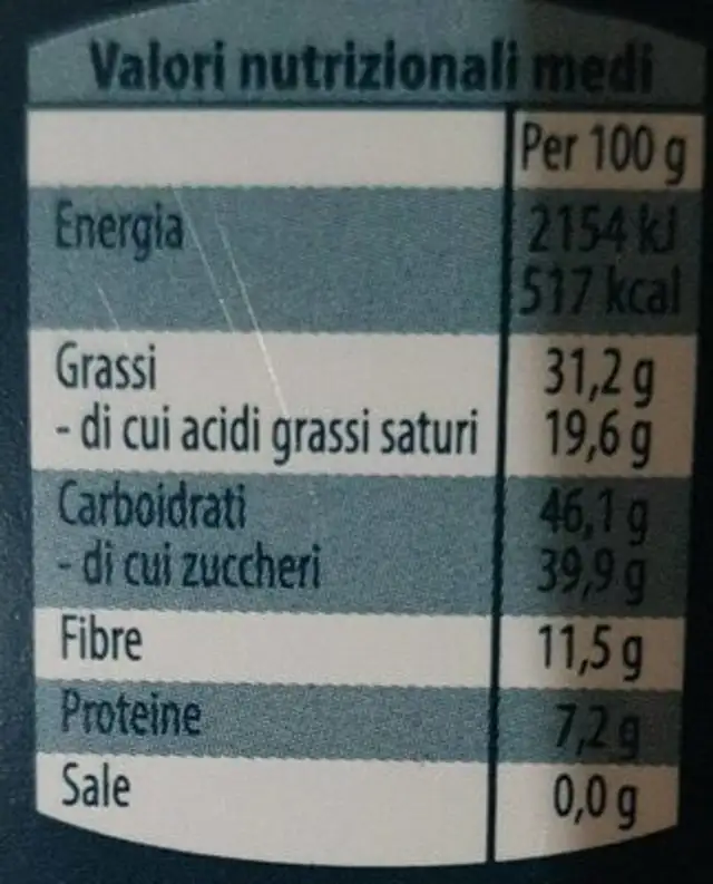 Cioccolato al peperoncino nutrition facts table