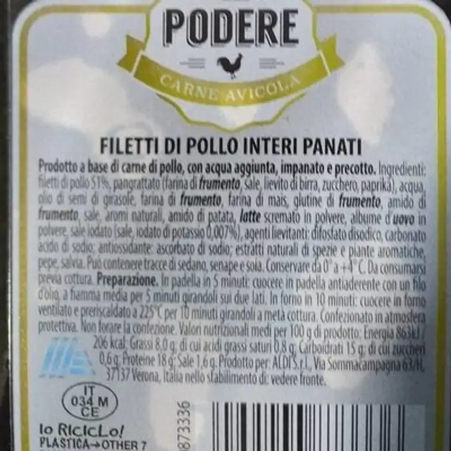 Filetti di pollo intero panati nutrition facts table