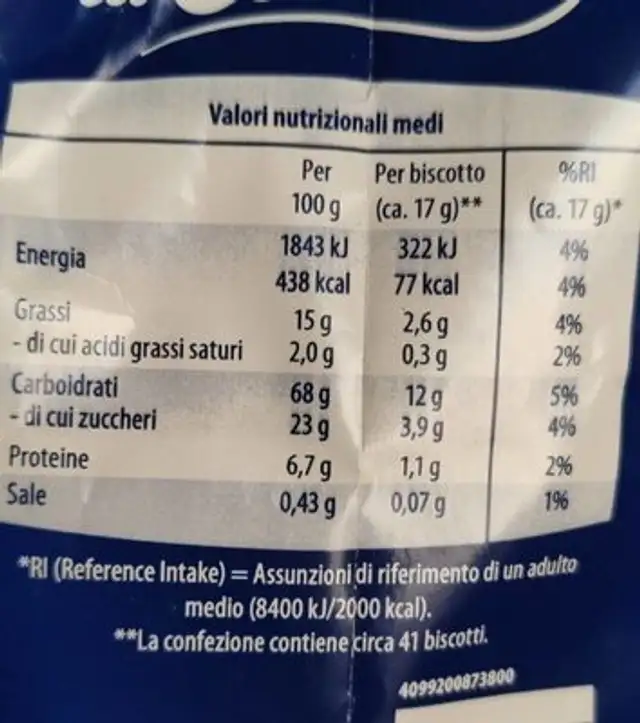 Frollini con Zucchero di Canna nutrition facts table