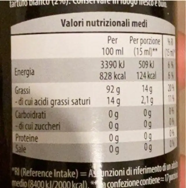 Comdimento al Tartufo nutrition facts table