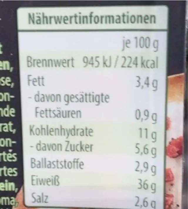 Schinkenwürfel (vegan) - Billie Green nutrition facts table
