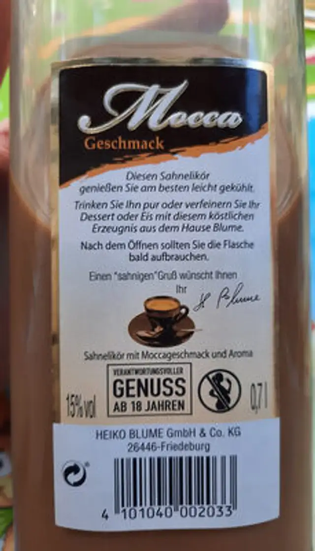 Liqueur Mocca Geschmack ingredients label