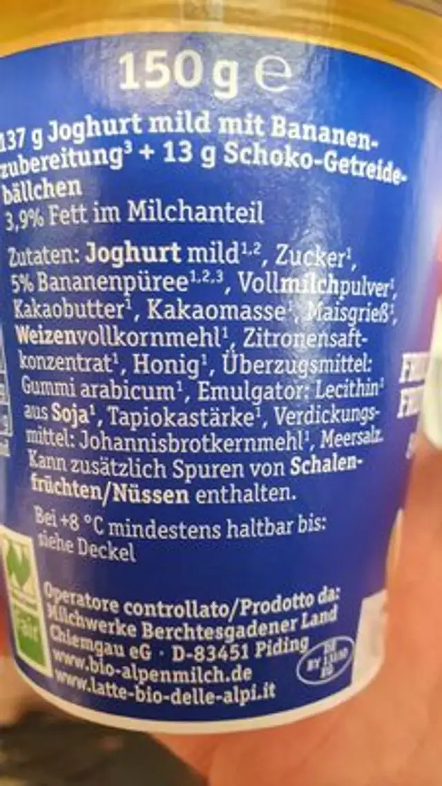 Bio banánový jogurt s čoko kuličkami 150g ingredients label